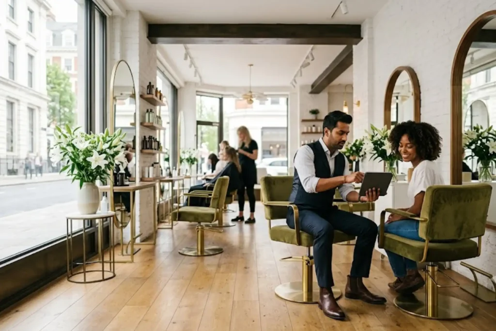 Professional hairstylist consulting with a client in a modern UK hair salon