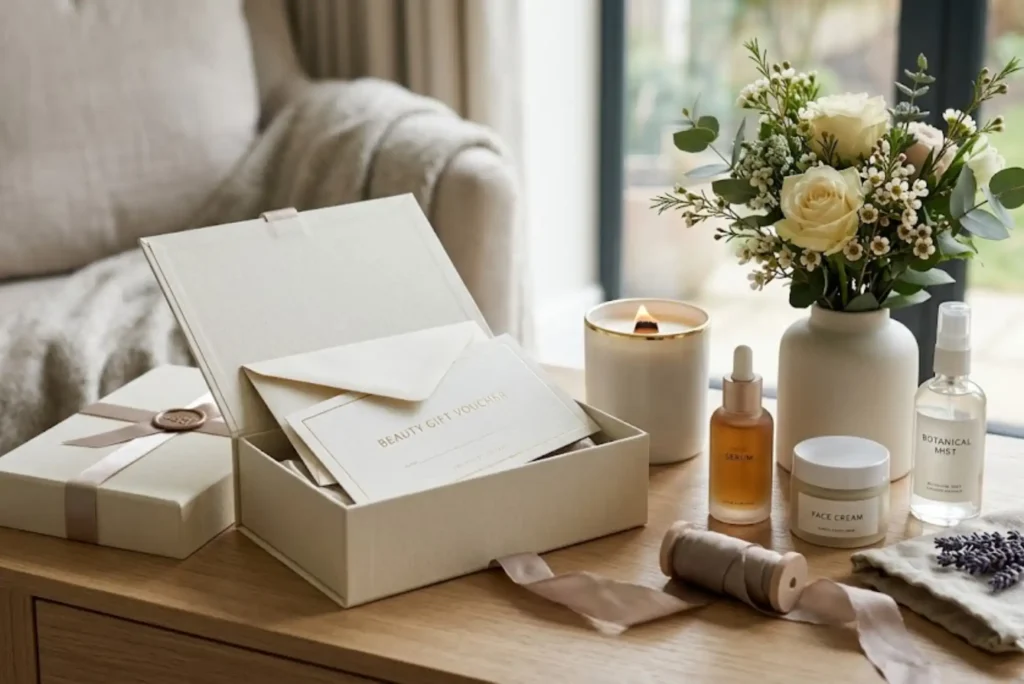 Elegant beauty gift voucher displayed with luxury skincare products and gift wrapping