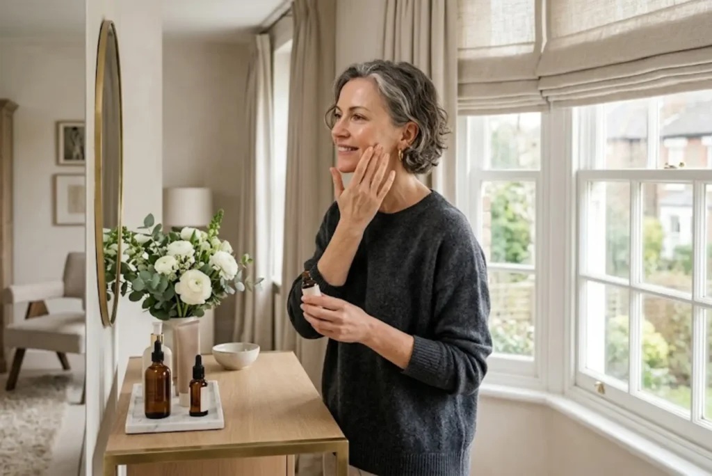 Woman applying face serum as part of a mature skincare routine in a modern UK home
