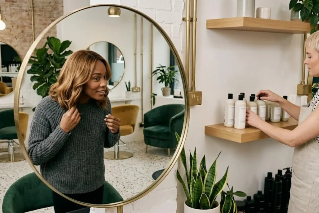 Freshly coloured hair being cared for with colour-safe shampoo in a modern salon