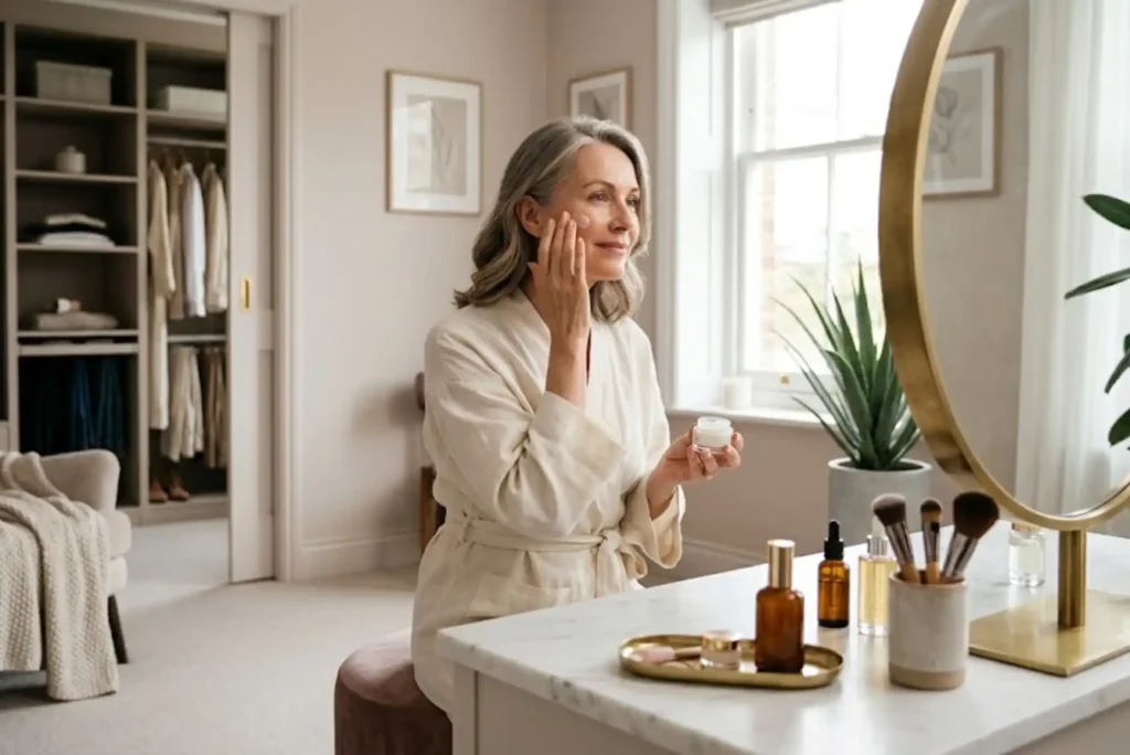 Woman applying natural makeup for aging skin in a modern UK home beauty setup