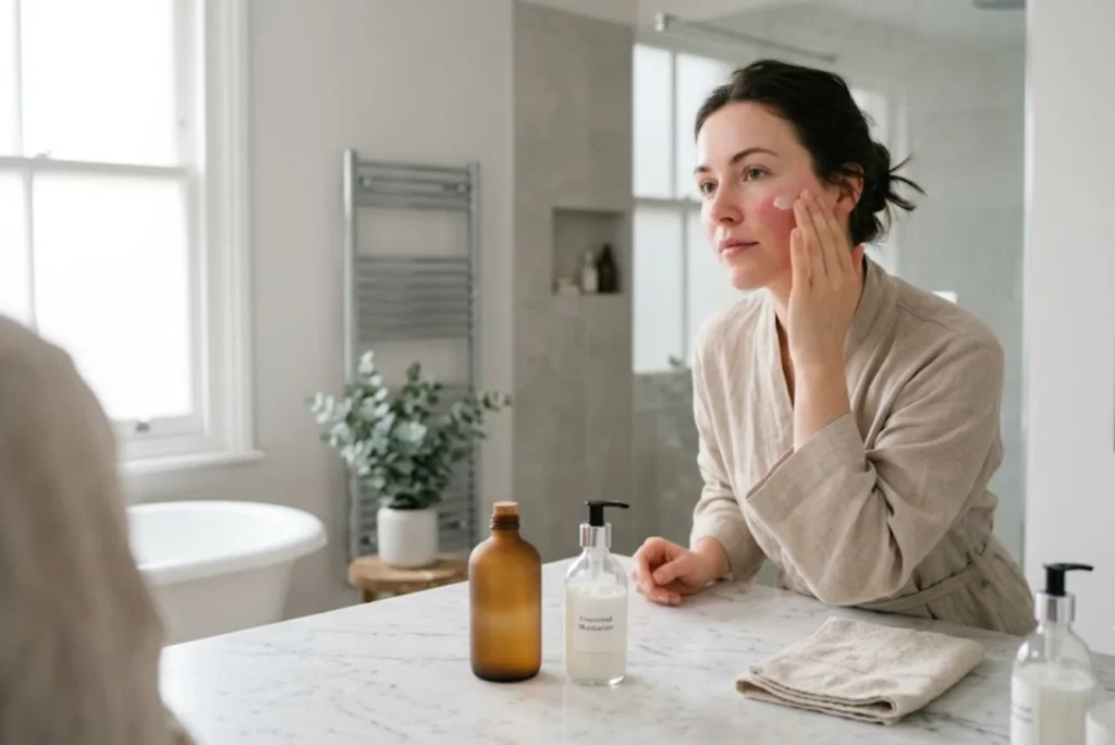 Woman applying gentle moisturiser suitable for rosacea-prone sensitive skin in a modern bathroom