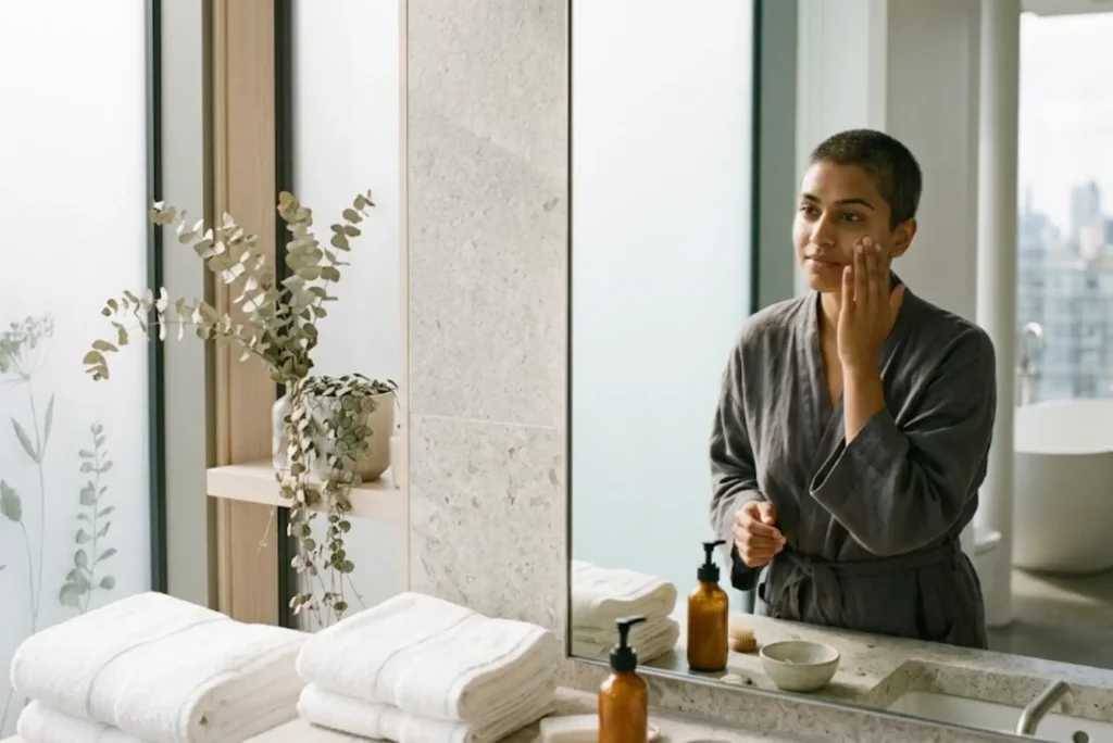 Person following a healthy facial skincare routine with moisturiser and sunscreen in a modern bathroom