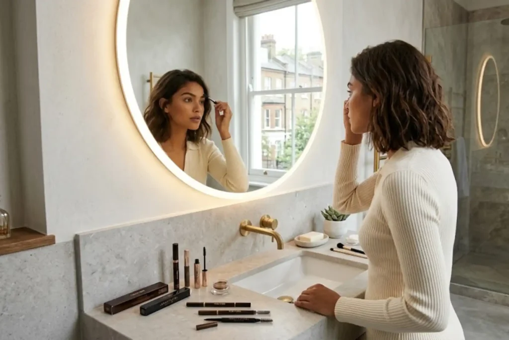 Woman shaping natural eyebrows in a modern UK beauty routine setup