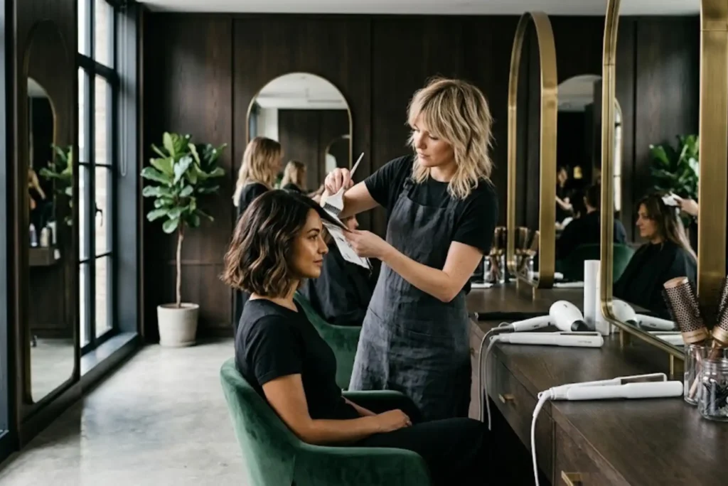 Professional stylist lightening dark hair in a modern UK salon