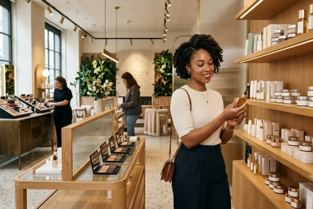 Woman checking authentic beauty products inside a modern UK beauty store