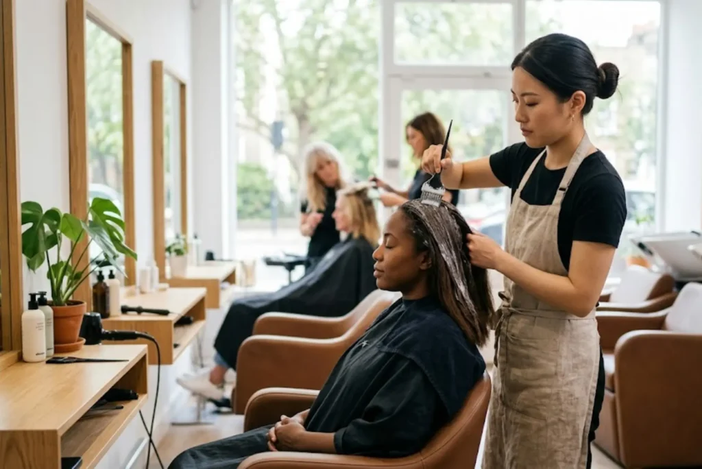 Hairdresser applying a protein treatment to strengthen damaged hair in a contemporary salon
