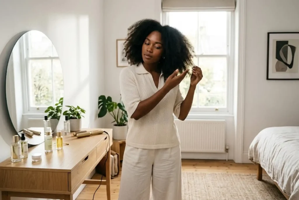 Person applying hair oil to reduce frizz in a bright modern bedroom