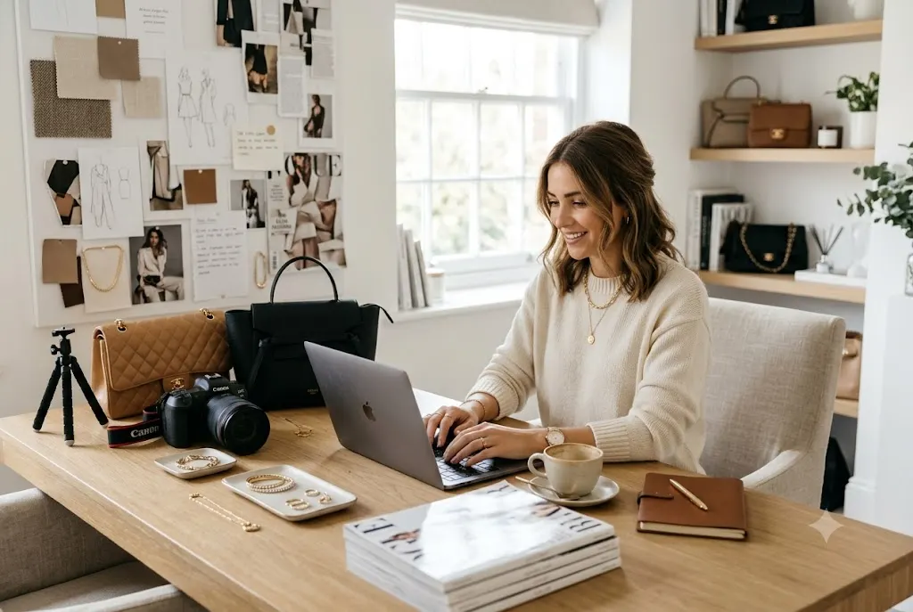 Fashion Blogs 2025: Where to Find the Best Style Inspiration Fashion blogger creating content for fashion blogs 2025 in a modern home studio.