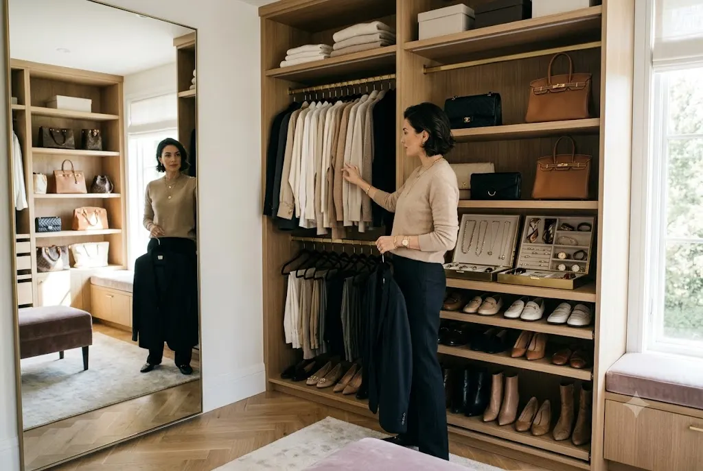 Fashion Style Guide: How to Build a Wardrobe That Reflects Your Personality Woman using a fashion style guide to create a timeless everyday wardrobe with stylish accessories.