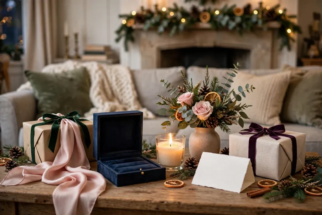 Christmas gift ideas for mum shown as beautifully wrapped Christmas presents with a jewellery gift box, a scented candle and winter flowers in a cosy living room