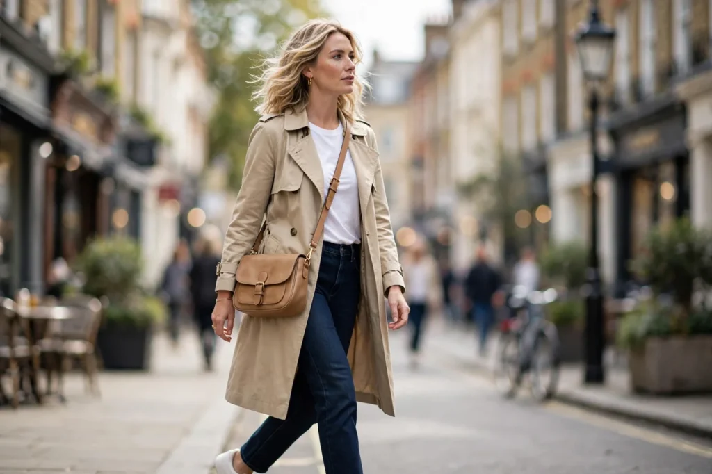 crossbody bags for women worn with a trench coat for everyday UK style